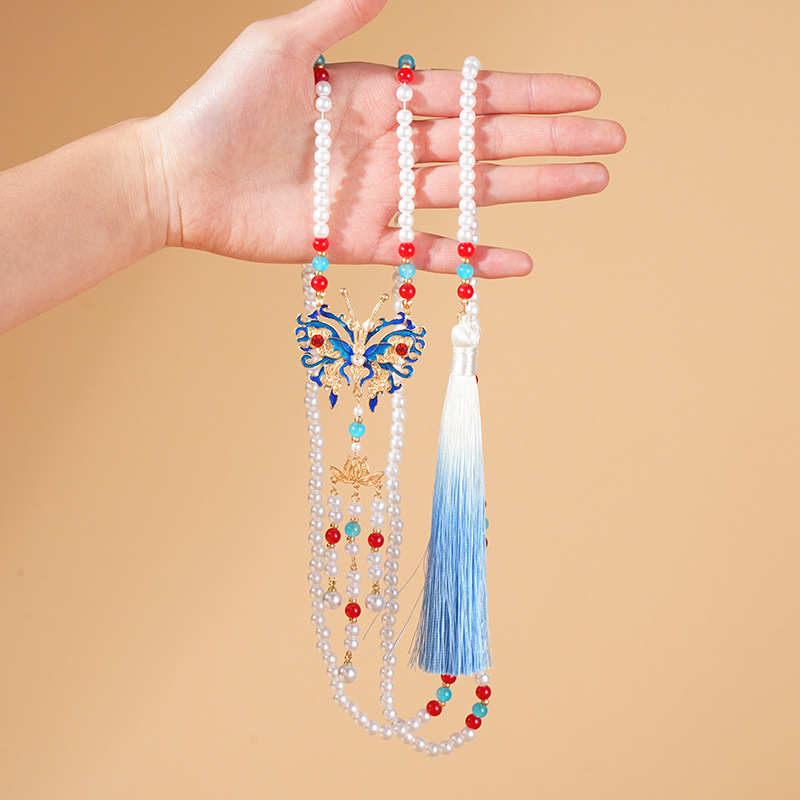 Colier cu motiv de fluture și mărgele în nuanțe de nor, din rășină, șir de mărgele, lungime 51–80 cm, stil etnic, pandantiv din plastic