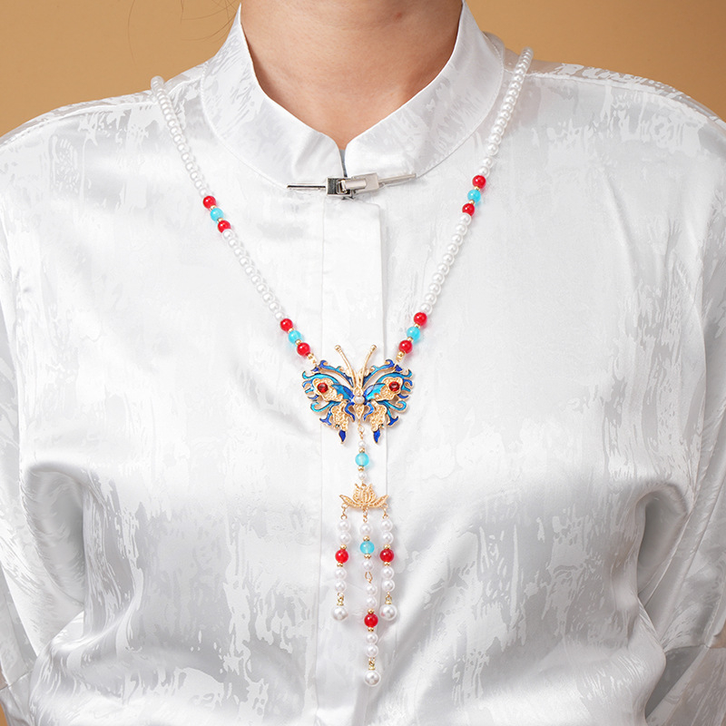 Colier cu motiv de fluture și mărgele în nuanțe de nor, din rășină, șir de mărgele, lungime 51–80 cm, stil etnic, pandantiv din plastic