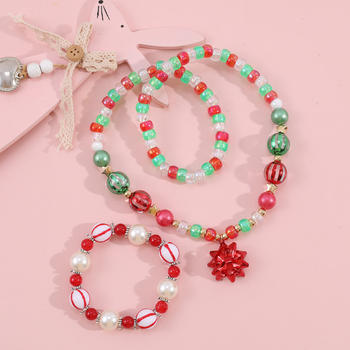 Set pentru copii: colier și brățară cu mărgele acrilice și pandantiv de sticlă, lucrat manual, serie Crăciun, stil copii/desene animate, ambalare individuală