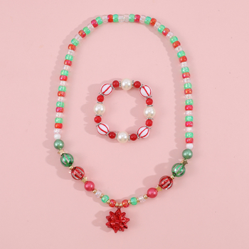 Set pentru copii: colier și brățară cu mărgele acrilice și pandantiv de sticlă, lucrat manual, serie Crăciun, stil copii/desene animate, ambalare individuală