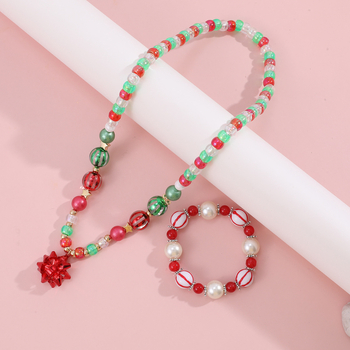 Set pentru copii: colier și brățară cu mărgele acrilice și pandantiv de sticlă, lucrat manual, serie Crăciun, stil copii/desene animate, ambalare individuală