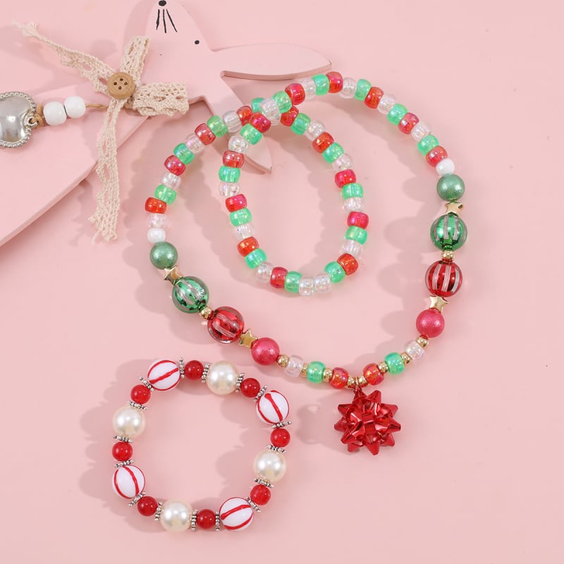 Set pentru copii: colier și brățară cu mărgele acrilice și pandantiv de sticlă, lucrat manual, serie Crăciun, stil copii/desene animate, ambalare individuală
