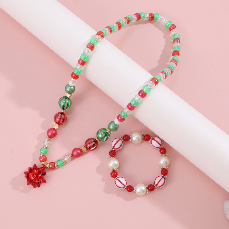 Set pentru copii: colier și brățară cu mărgele acrilice și pandantiv de sticlă, lucrat manual, serie Crăciun, stil copii/desene animate, ambalare individuală