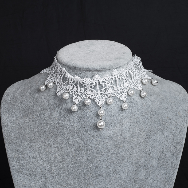 Ogrlica od čipke s privjeskom od umjetne perle, korejskog stila cvjetni dizajn, podesiva duljina 21–50 cm