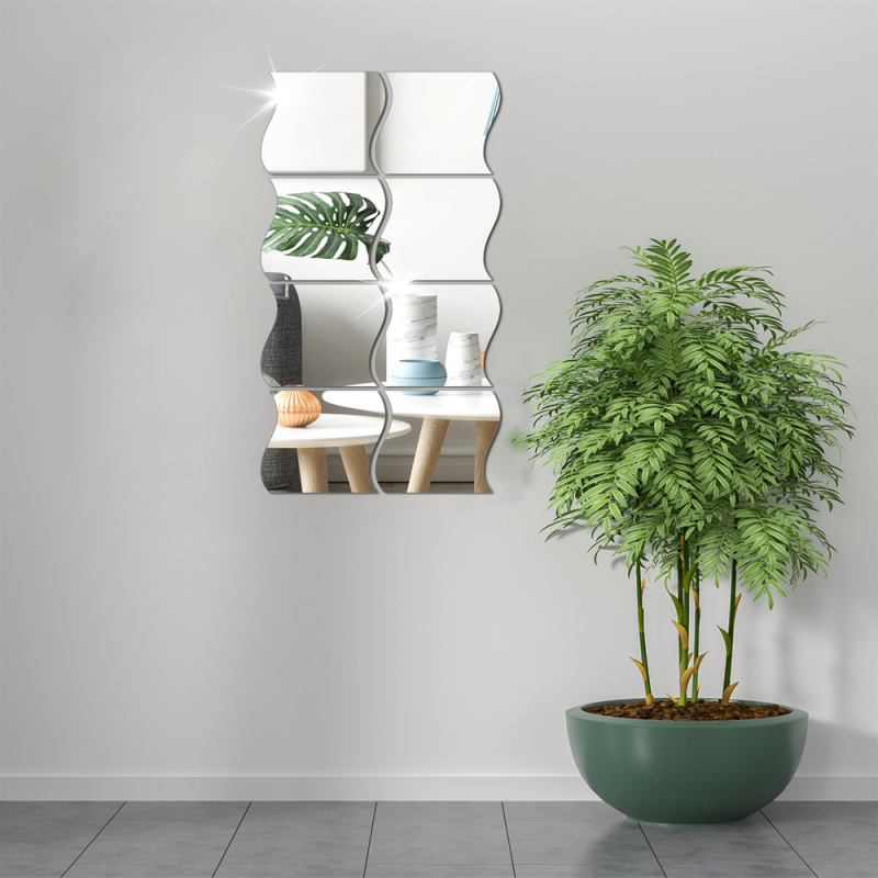 Akrila spoguļu sienas uzlīmes ar viļņotu dizainu, pašlīmējošas, mūsdienīgs stils, piemērotas viesistabai, guļamistabai, studijai, vannas istabai, ieejai un komerciāliem telpām