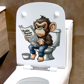WC vāka uzlīme – pērtiķis lasa avīzi, ūdensizturīgs PVC, pašlīmējošs, vannas istabai, mūsdienīgs minimālisma stils