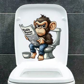 WC vāka uzlīme – pērtiķis lasa avīzi, ūdensizturīgs PVC, pašlīmējošs, vannas istabai, mūsdienīgs minimālisma stils