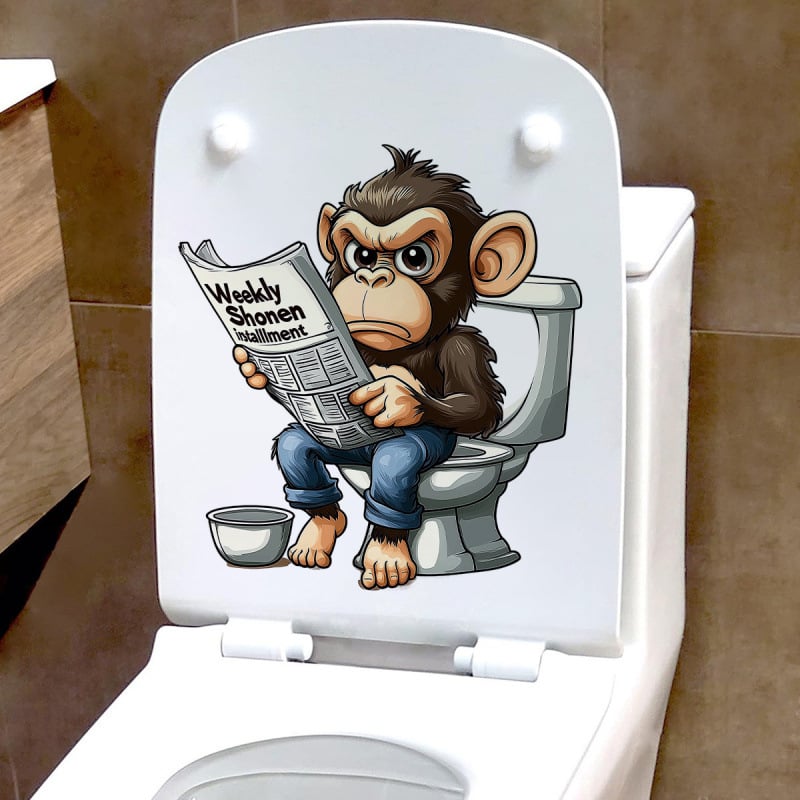 WC vāka uzlīme – pērtiķis lasa avīzi, ūdensizturīgs PVC, pašlīmējošs, vannas istabai, mūsdienīgs minimālisma stils