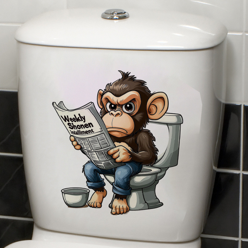 WC vāka uzlīme – pērtiķis lasa avīzi, ūdensizturīgs PVC, pašlīmējošs, vannas istabai, mūsdienīgs minimālisma stils