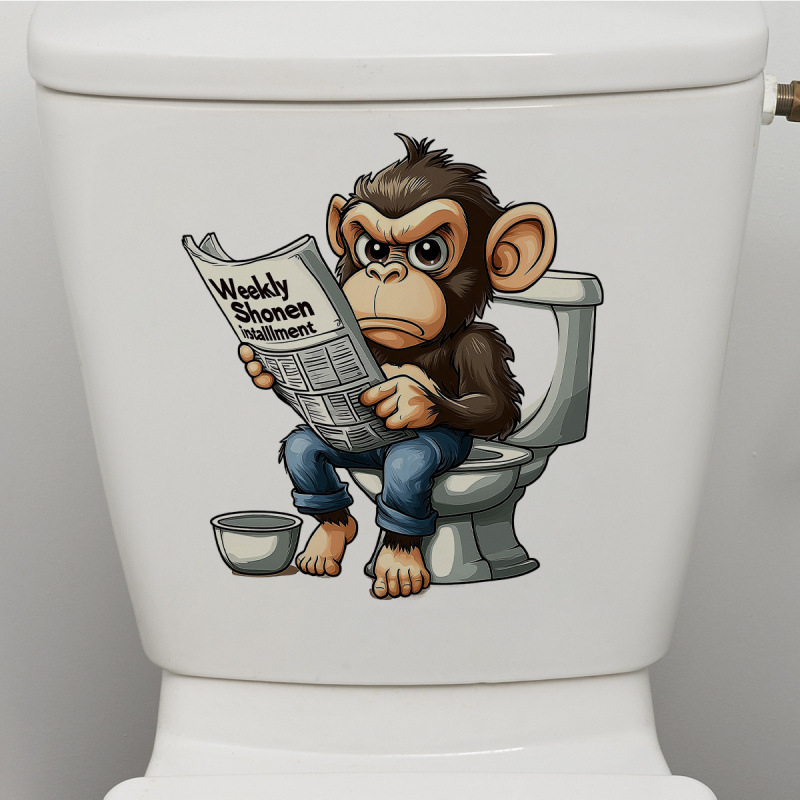WC vāka uzlīme – pērtiķis lasa avīzi, ūdensizturīgs PVC, pašlīmējošs, vannas istabai, mūsdienīgs minimālisma stils