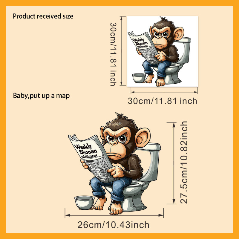 WC vāka uzlīme – pērtiķis lasa avīzi, ūdensizturīgs PVC, pašlīmējošs, vannas istabai, mūsdienīgs minimālisma stils