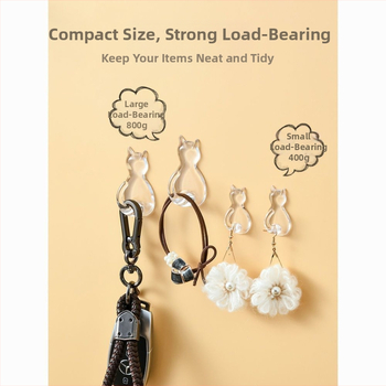 Caurskatāms sveķu kaķa motīva āķis – sienai bez urbšanas, vienkāršs karikatūras stils, maksimālā slodze 0–1 kg, izlaidums 2025