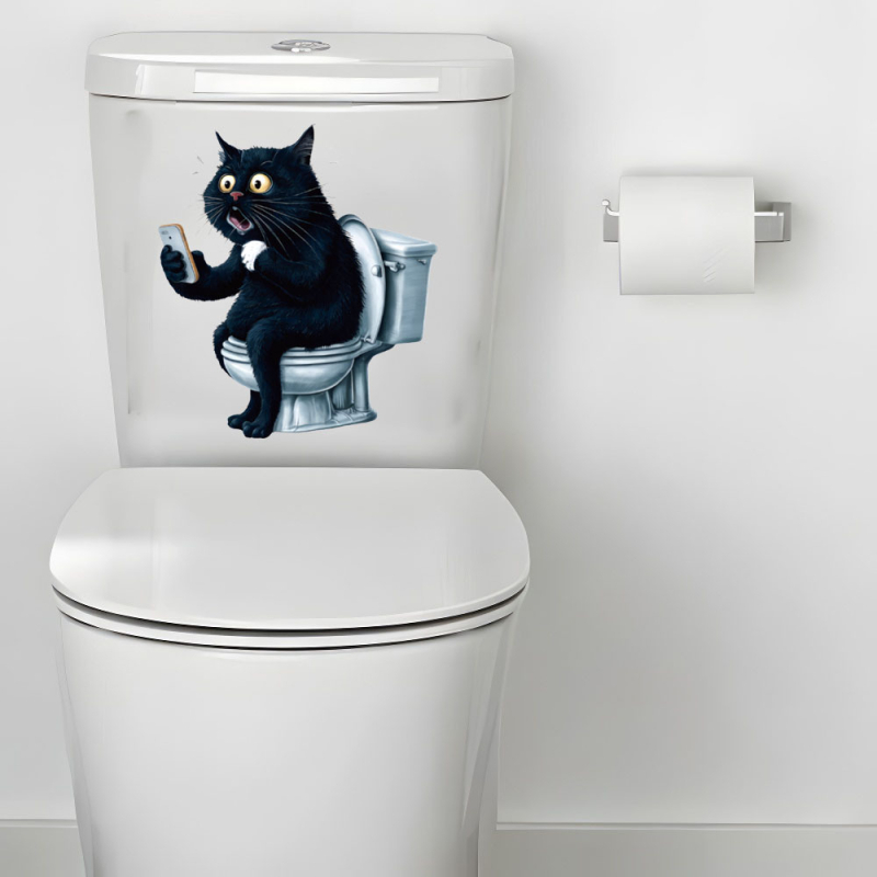 Toaletes sienas uzlīme, PVC | Pašlīmējošs | Smaids kaķa animācijas motīvs | Vannas istabas dekors | Moderns minimālisma stils