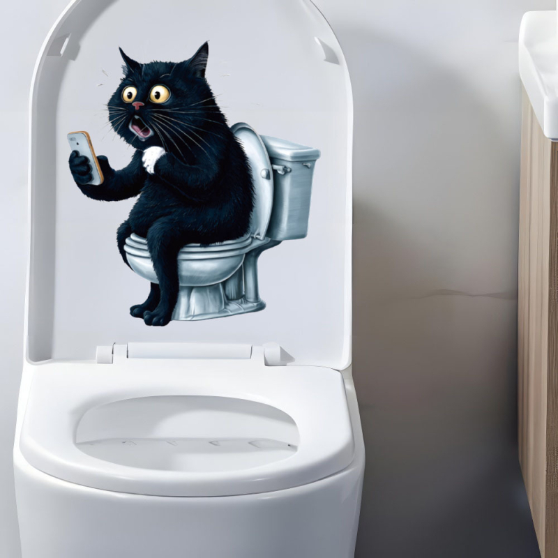Toaletes sienas uzlīme, PVC | Pašlīmējošs | Smaids kaķa animācijas motīvs | Vannas istabas dekors | Moderns minimālisma stils