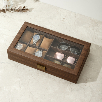 6+3 PU kožna kutija za satove i naočale s drvenim uzorkom — na skladištu, u kutiji, višeslojna ambalaža, pakiranje za nakit