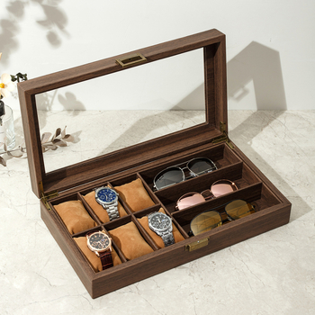 6+3 PU kožna kutija za satove i naočale s drvenim uzorkom — na skladištu, u kutiji, višeslojna ambalaža, pakiranje za nakit
