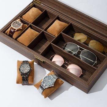 6+3 PU kožna kutija za satove i naočale s drvenim uzorkom — na skladištu, u kutiji, višeslojna ambalaža, pakiranje za nakit