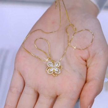 Colier cu floare de patru petale, design rotativ, lanț clavicular, din cupru cu zirconiu, montură cu pietre mixte, stil ușor de lux