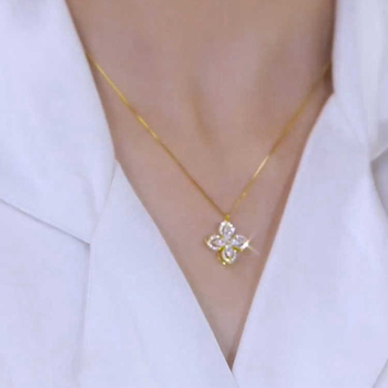 Colier cu floare de patru petale, design rotativ, lanț clavicular, din cupru cu zirconiu, montură cu pietre mixte, stil ușor de lux