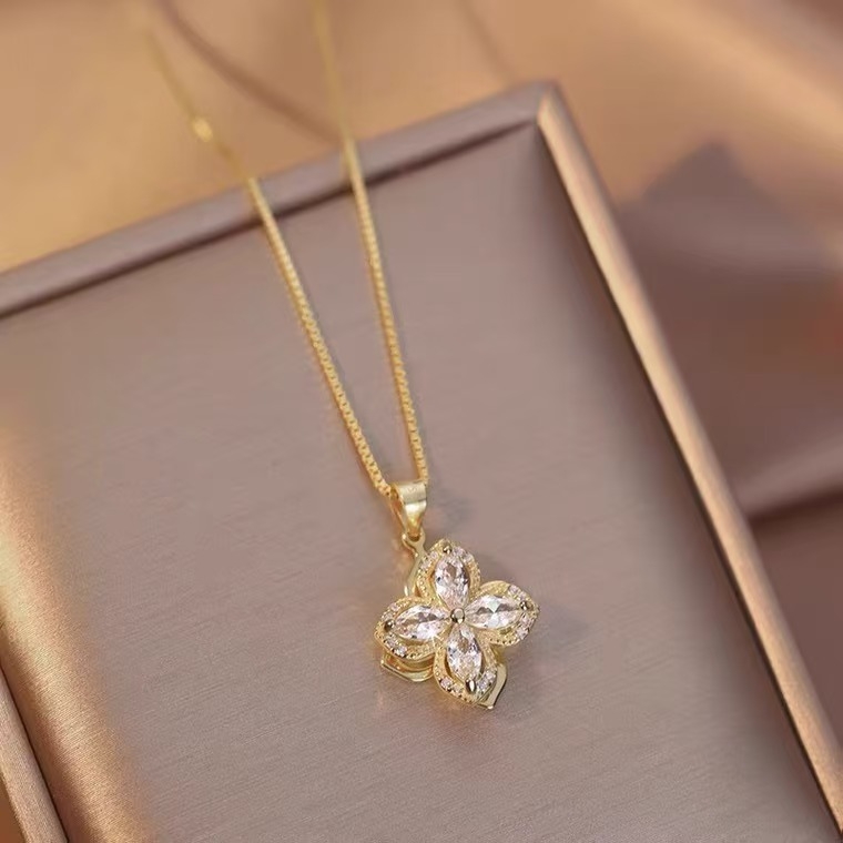 Colier cu floare de patru petale, design rotativ, lanț clavicular, din cupru cu zirconiu, montură cu pietre mixte, stil ușor de lux