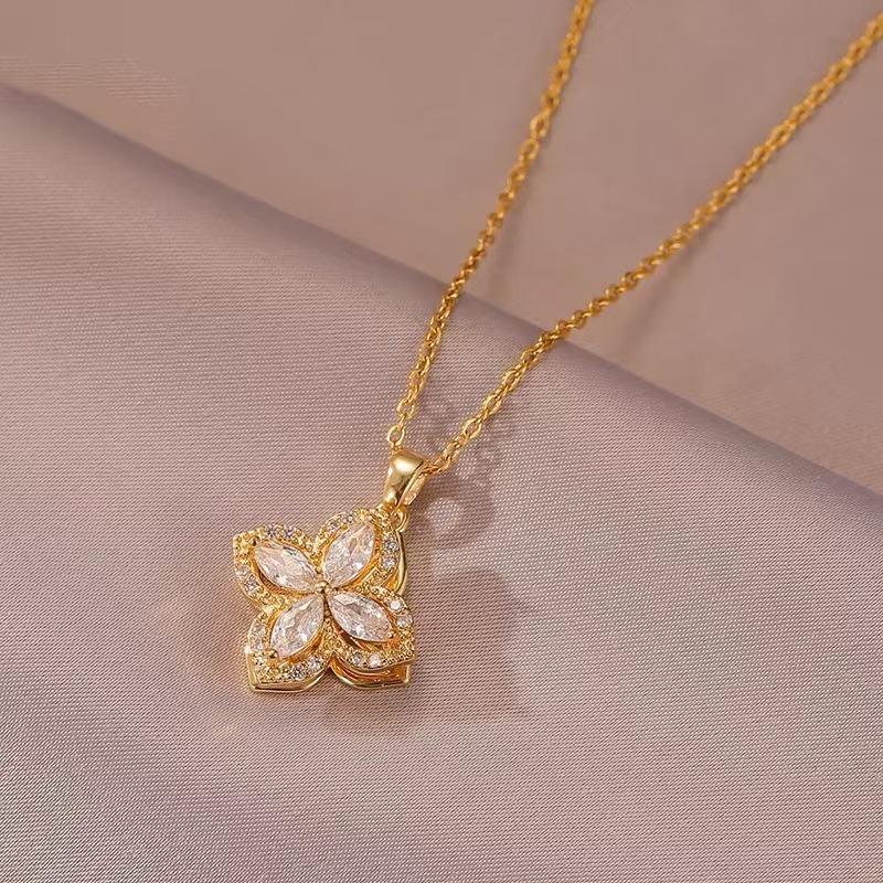Colier cu floare de patru petale, design rotativ, lanț clavicular, din cupru cu zirconiu, montură cu pietre mixte, stil ușor de lux