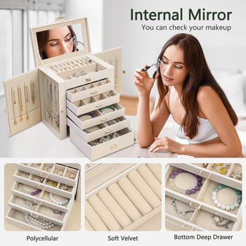 Cutie de bijuterii din piele, șase compartimente, oglindă, uși duble, construcție solidă