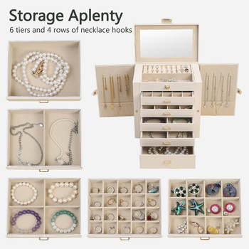 Cutie de bijuterii din piele, șase compartimente, oglindă, uși duble, construcție solidă