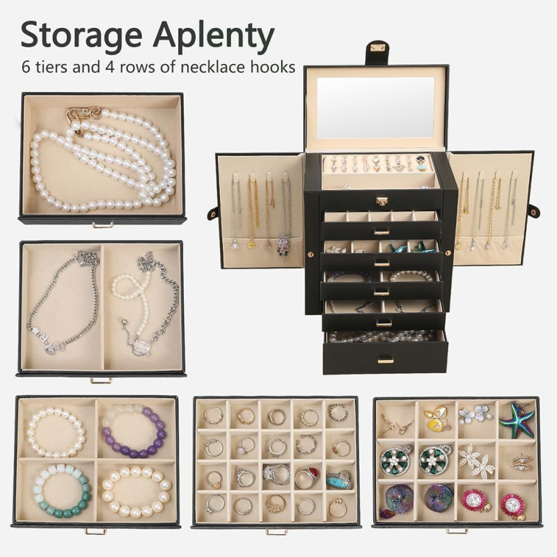 Cutie de bijuterii din piele, șase compartimente, oglindă, uși duble, construcție solidă