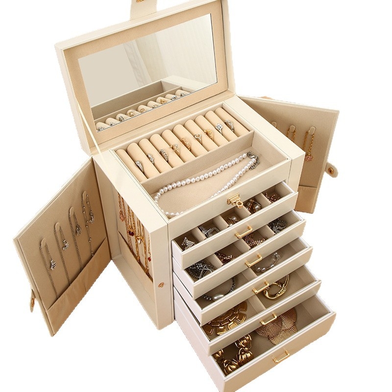 Cutie de bijuterii din piele, șase compartimente, oglindă, uși duble, construcție solidă