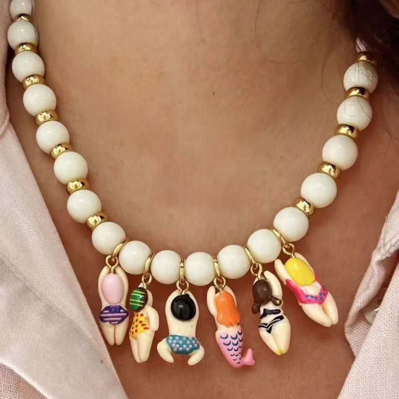 Ogrlica s akrilnim perlicama, privjesak s likom iz crtanog filma, unisex, lanac u obliku slova O, elektroplating završna obrada.