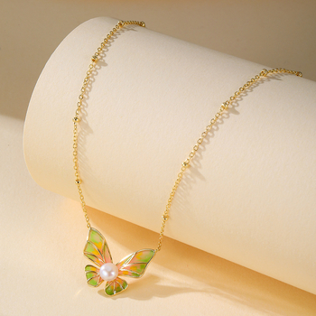 Colier din argint 925 cu email de fluture și perlă, formă fundă și geometrică, lanț regulat, design multistrat