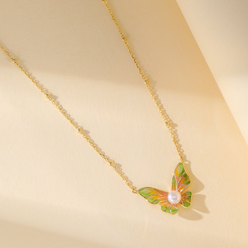 Colier din argint 925 cu email de fluture și perlă, formă fundă și geometrică, lanț regulat, design multistrat