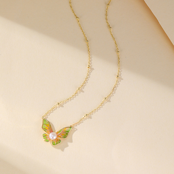 Colier din argint 925 cu email de fluture și perlă, formă fundă și geometrică, lanț regulat, design multistrat