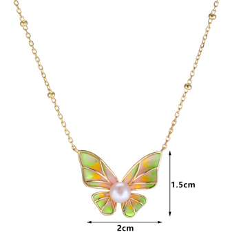 Colier din argint 925 cu email de fluture și perlă, formă fundă și geometrică, lanț regulat, design multistrat