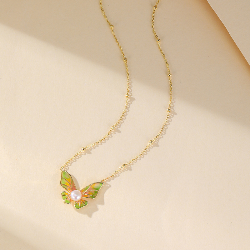 Colier din argint 925 cu email de fluture și perlă, formă fundă și geometrică, lanț regulat, design multistrat