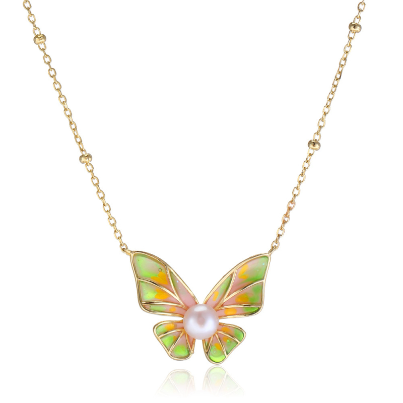 Colier din argint 925 cu email de fluture și perlă, formă fundă și geometrică, lanț regulat, design multistrat