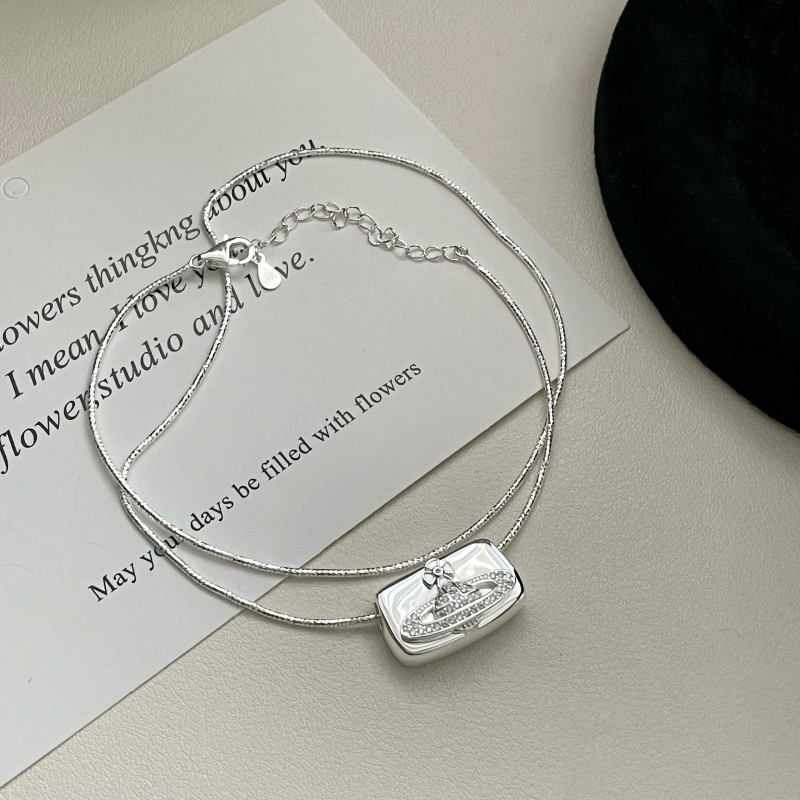 Ogrlica od S925 sterling srebra s kvadratnim privjeskom Empress Saturn – korejski inspirirani stil mode, lagani luksuz, nišni dizajn