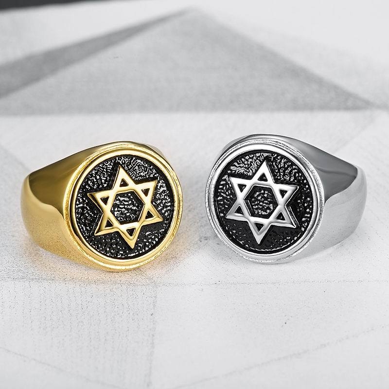 Inel cu stea cu șase colțuri, oțel inoxidabil, placare electrolitică, design vintage unisex
