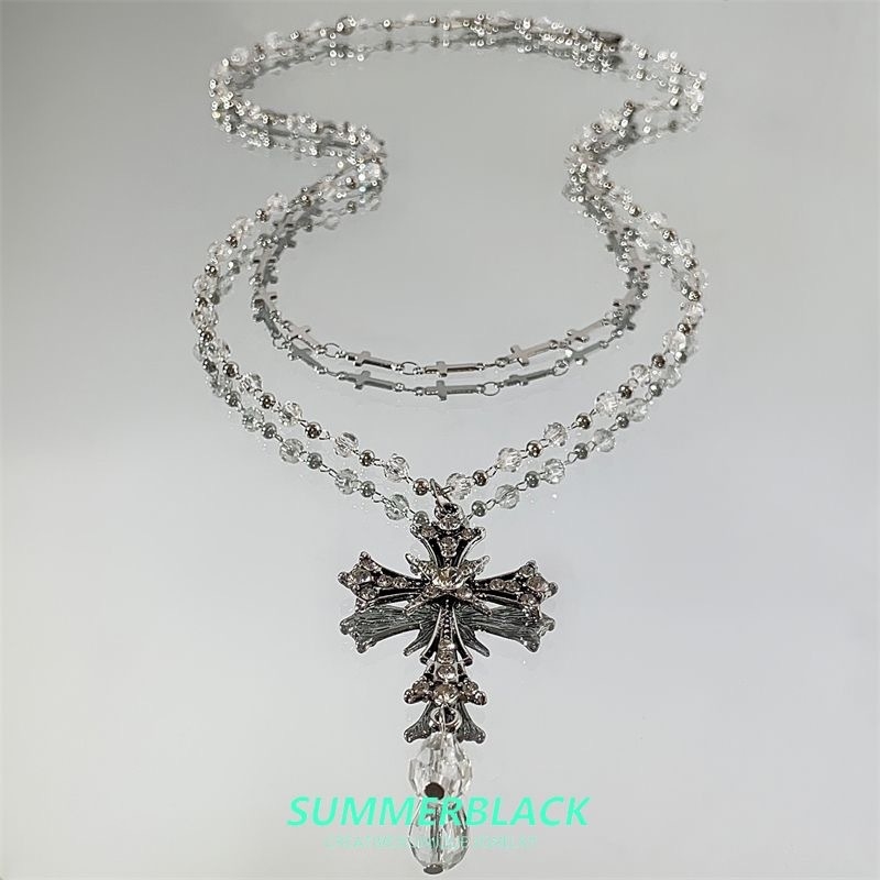 Colier cu cruce — design stratificat cu mărgele, aliaj, electroplacare, formă geometrică, lanț standard