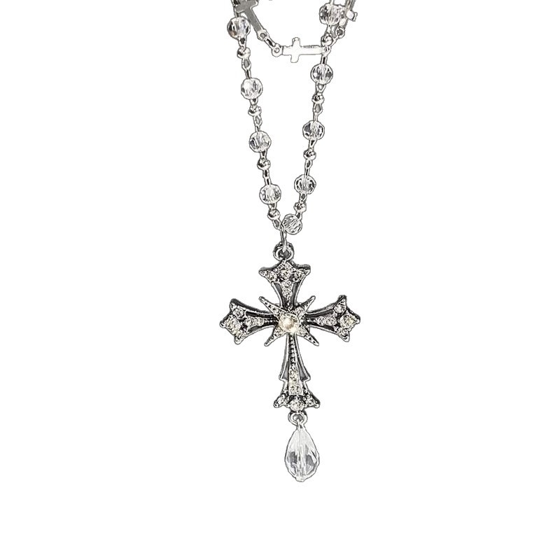 Colier cu cruce — design stratificat cu mărgele, aliaj, electroplacare, formă geometrică, lanț standard