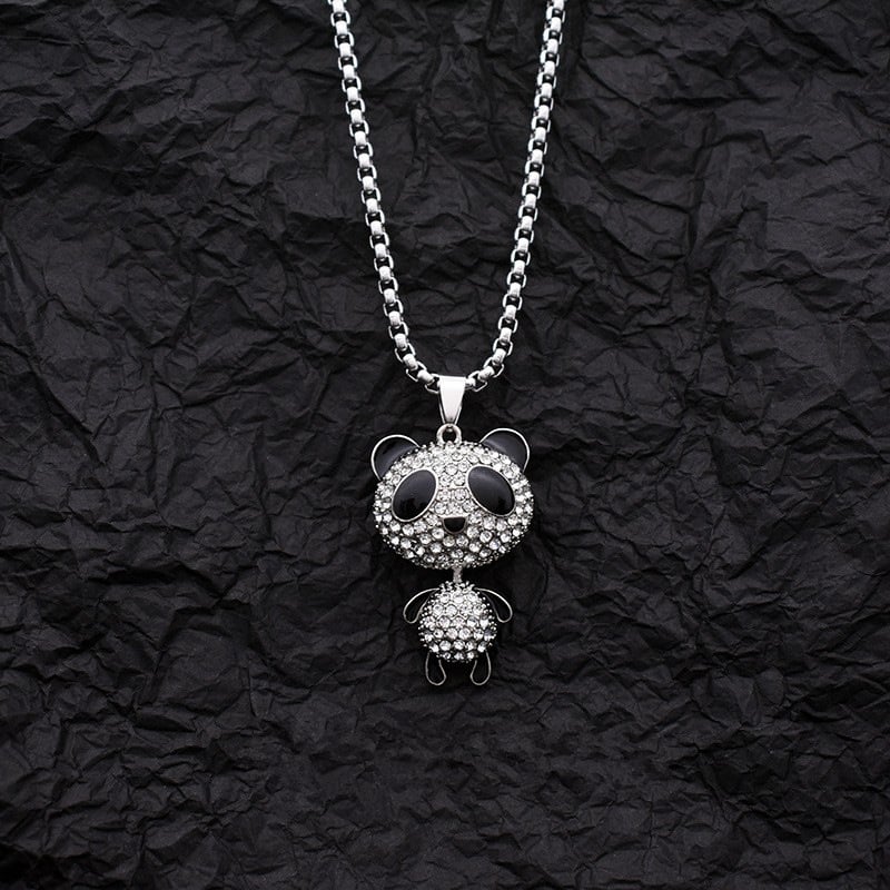 Colier Panda cu pandantiv, din oțel titan, lanț cu perle, unisex, stil hip-hop