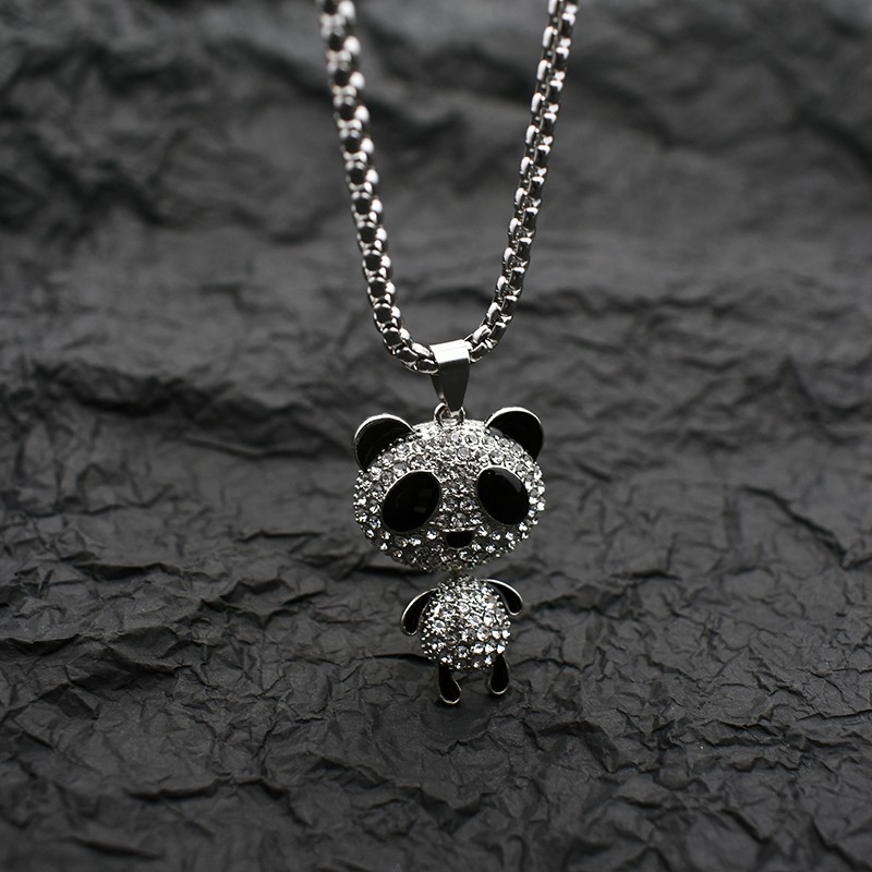 Colier Panda cu pandantiv, din oțel titan, lanț cu perle, unisex, stil hip-hop