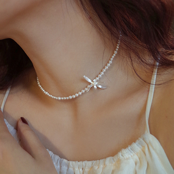S925 srebrni ogrlica s orchidom i lažnim perlama, vintage cvjetni choker za žene