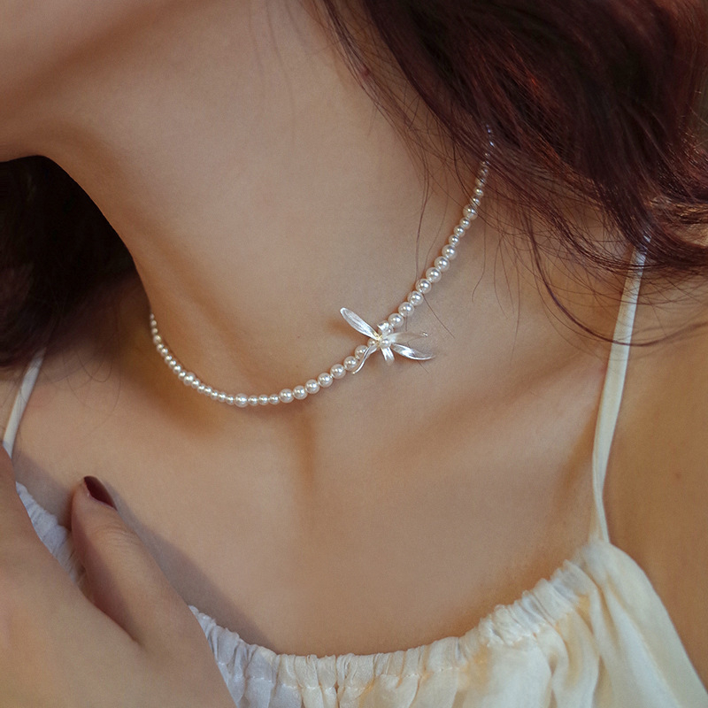 S925 srebrni ogrlica s orchidom i lažnim perlama, vintage cvjetni choker za žene