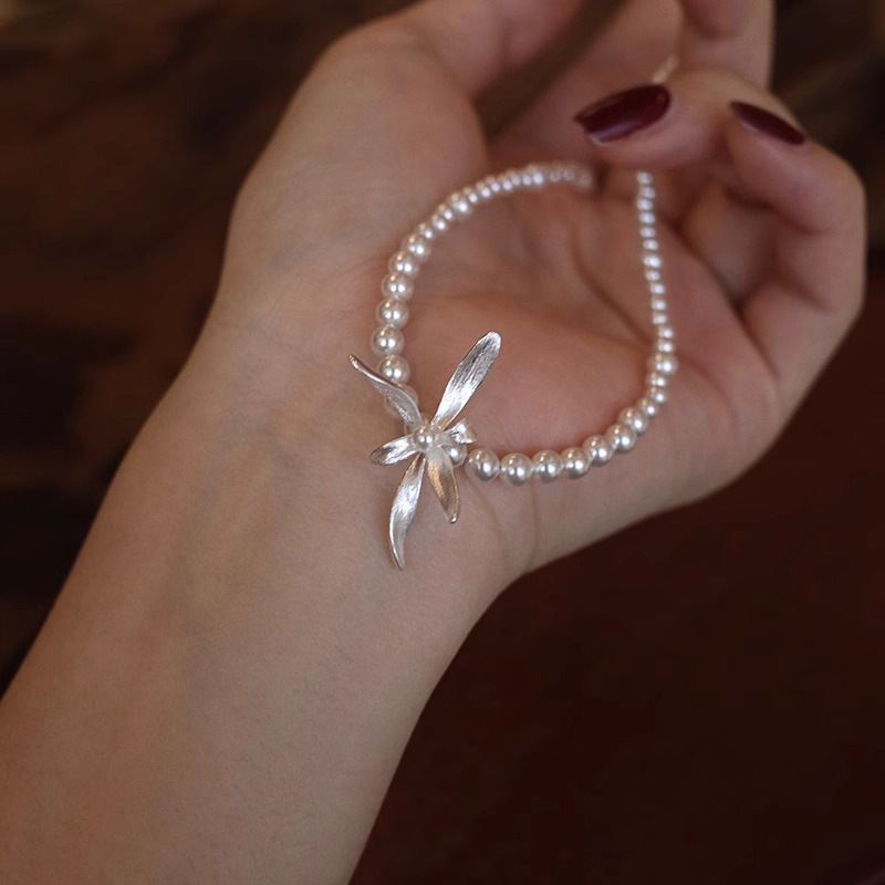 S925 srebrni ogrlica s orchidom i lažnim perlama, vintage cvjetni choker za žene