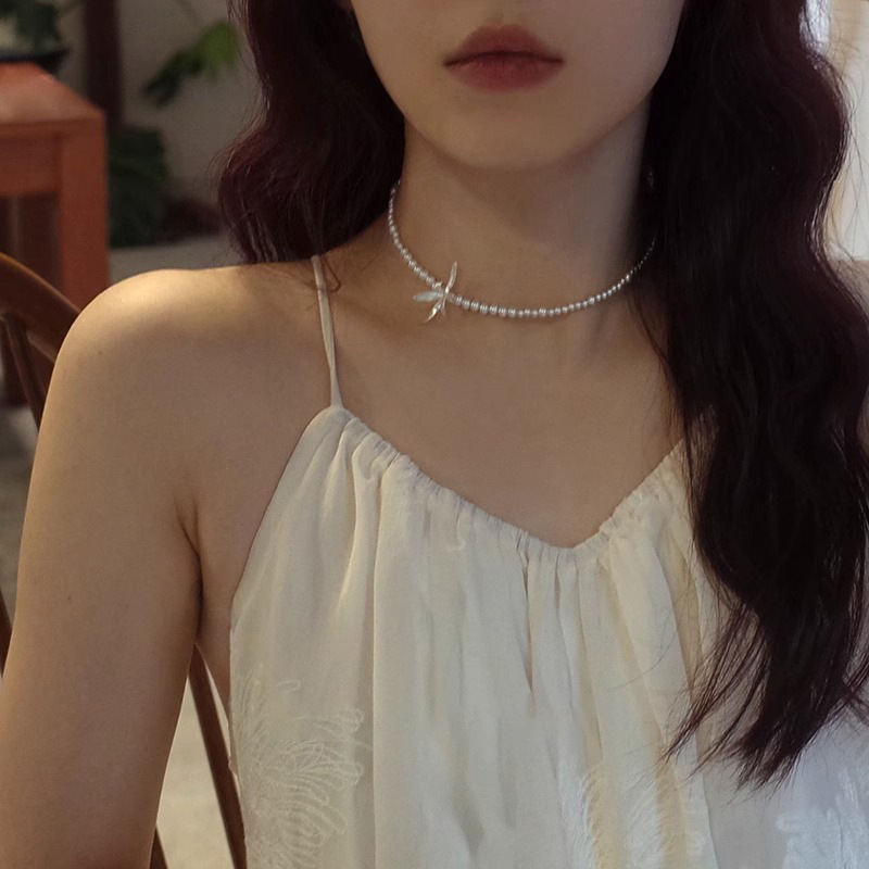 S925 srebrni ogrlica s orchidom i lažnim perlama, vintage cvjetni choker za žene
