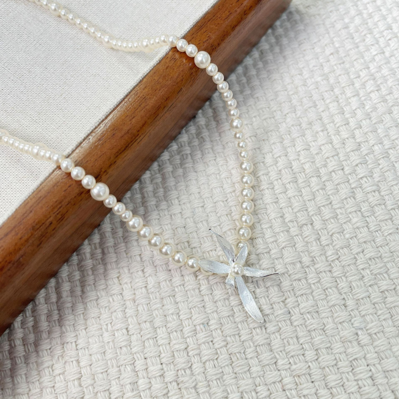 S925 srebrni ogrlica s orchidom i lažnim perlama, vintage cvjetni choker za žene