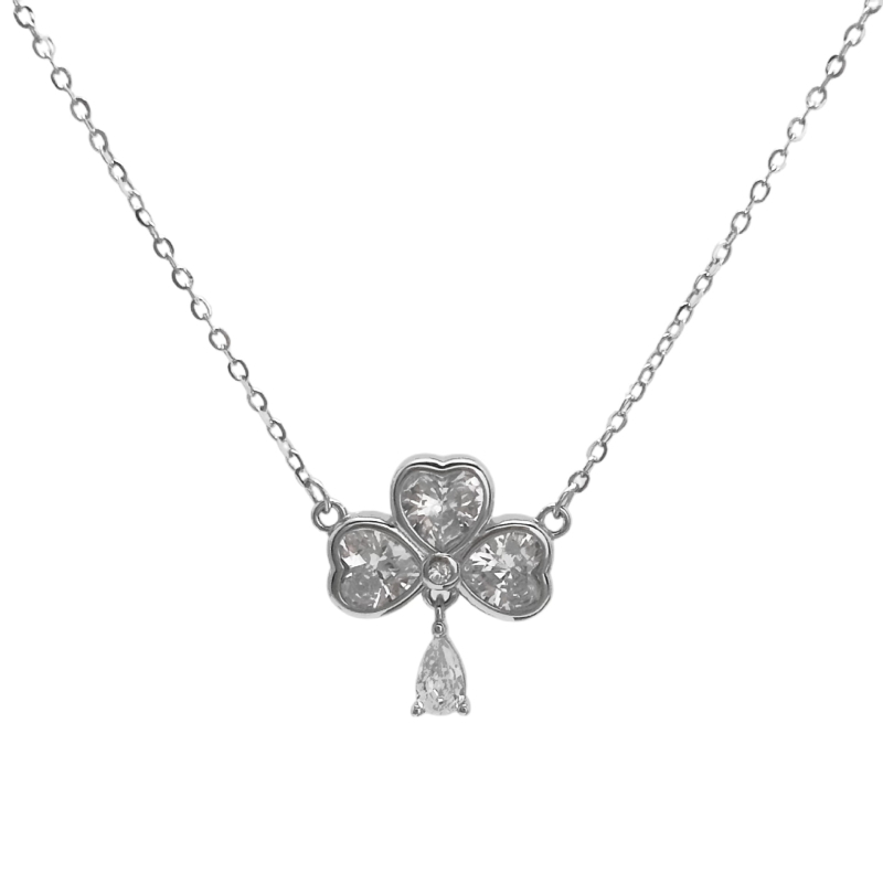 Colier din argint 925 cu pandantiv inimă-trifoi în formă de picătură de apă, lanț O, 41–50 cm
