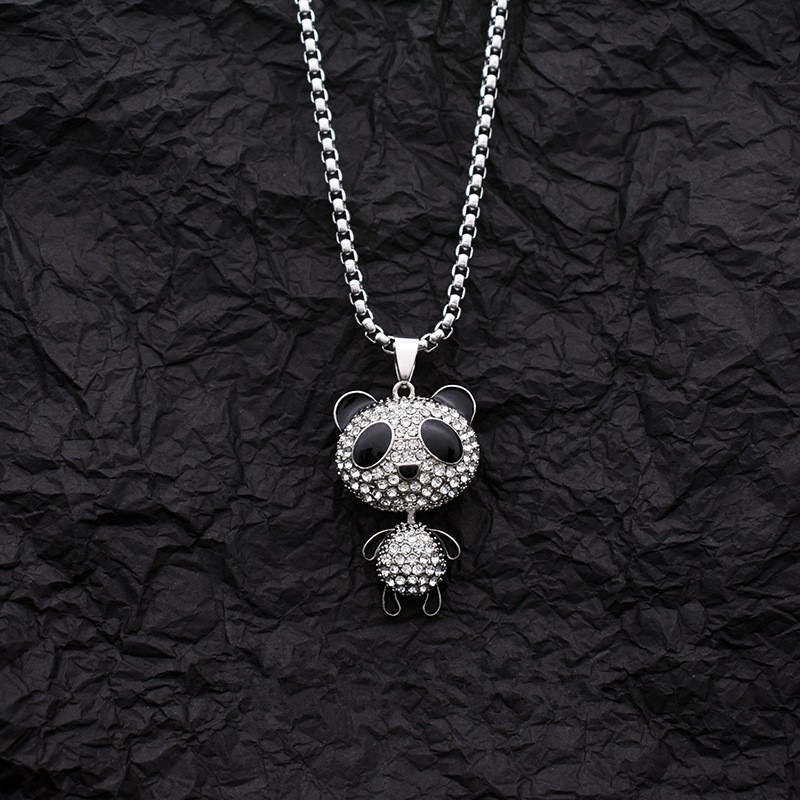 Colier Panda din oțel titan, Reisho - unisex, stil Hip-Hop, lanț cu perle, lungime 51-80 cm