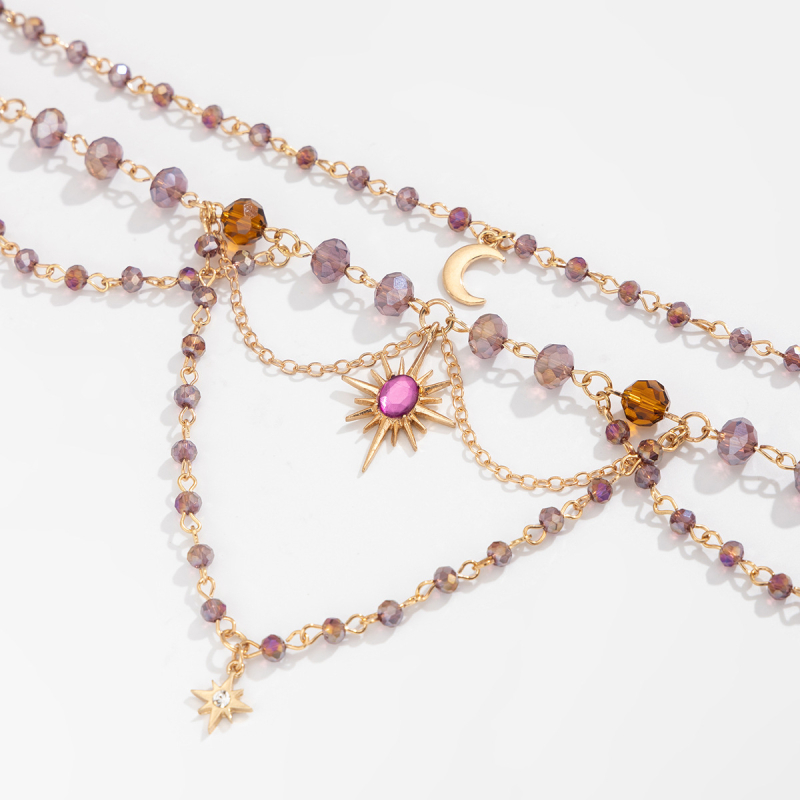 Colier cu pandantiv lună-floare, stratificat, lanț clavicular cu mărgele de cristal – Materiale: cristal imitativ, aliaj, diamant acrilic; Electroplacare